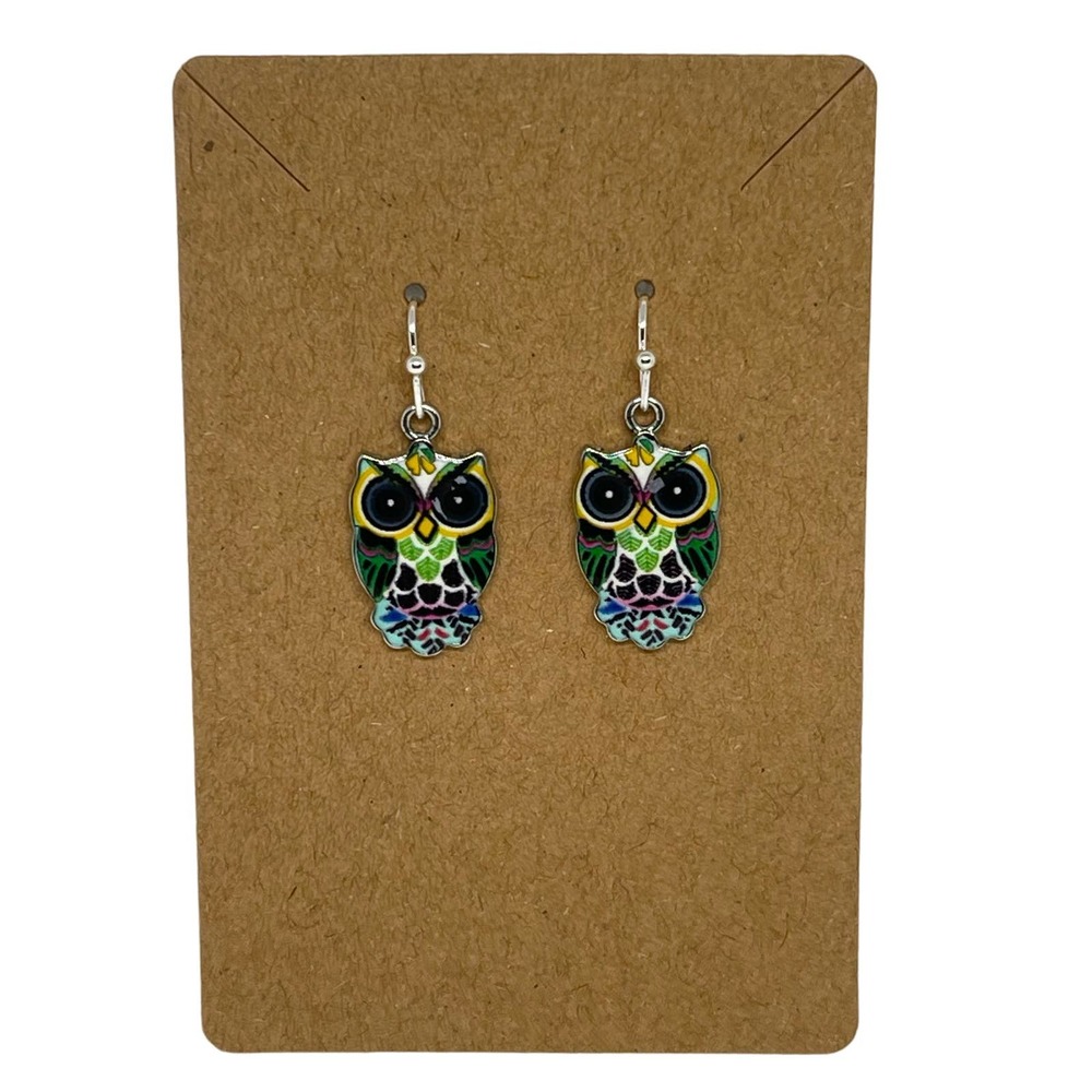 Owl Earrings Multi-Color Black Eyes Dangle Resin - Hypoallergenic